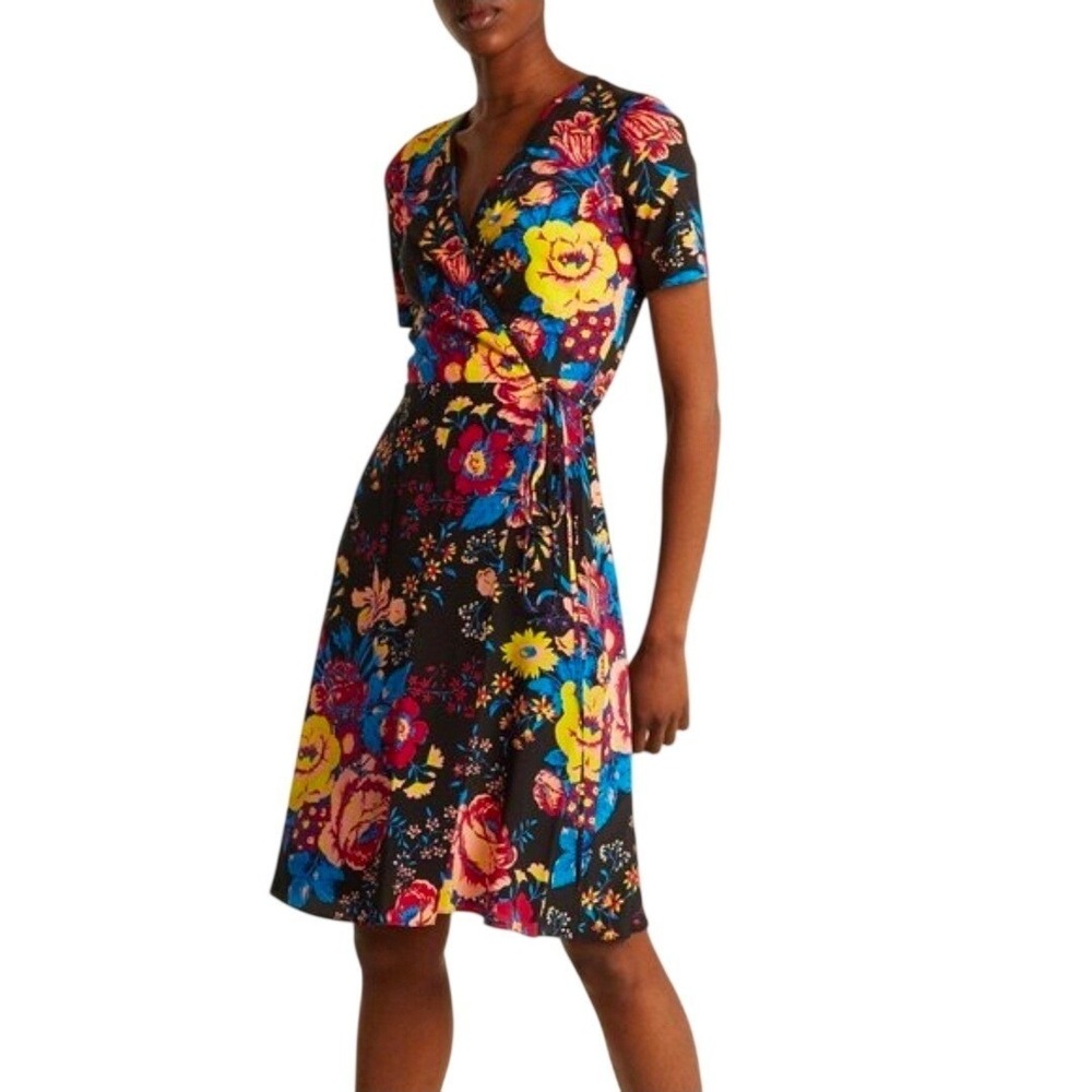 Diane Von Furstenberg Wrap Dress Floral Print Black Yellow Blue Pink Size 8